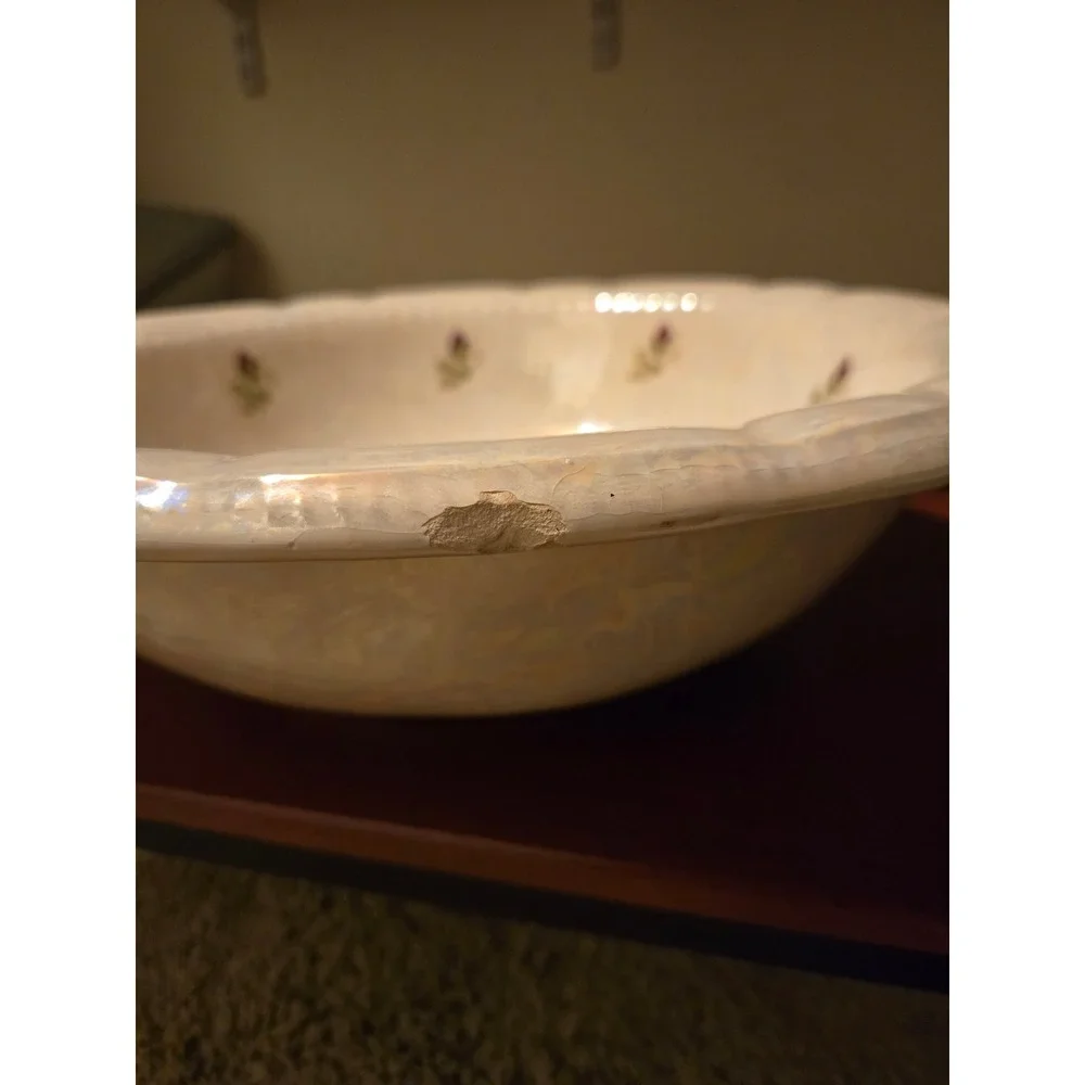 Vintage‎ Iridescent Lusterware Ceramic Wash Basin Bowl Rosebud Floral Scalloped